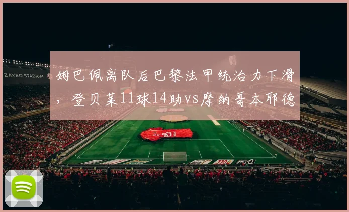 姆巴佩离队后巴黎法甲统治力下滑,登贝莱11球14助vs摩纳哥本耶德尔18球难填缺口